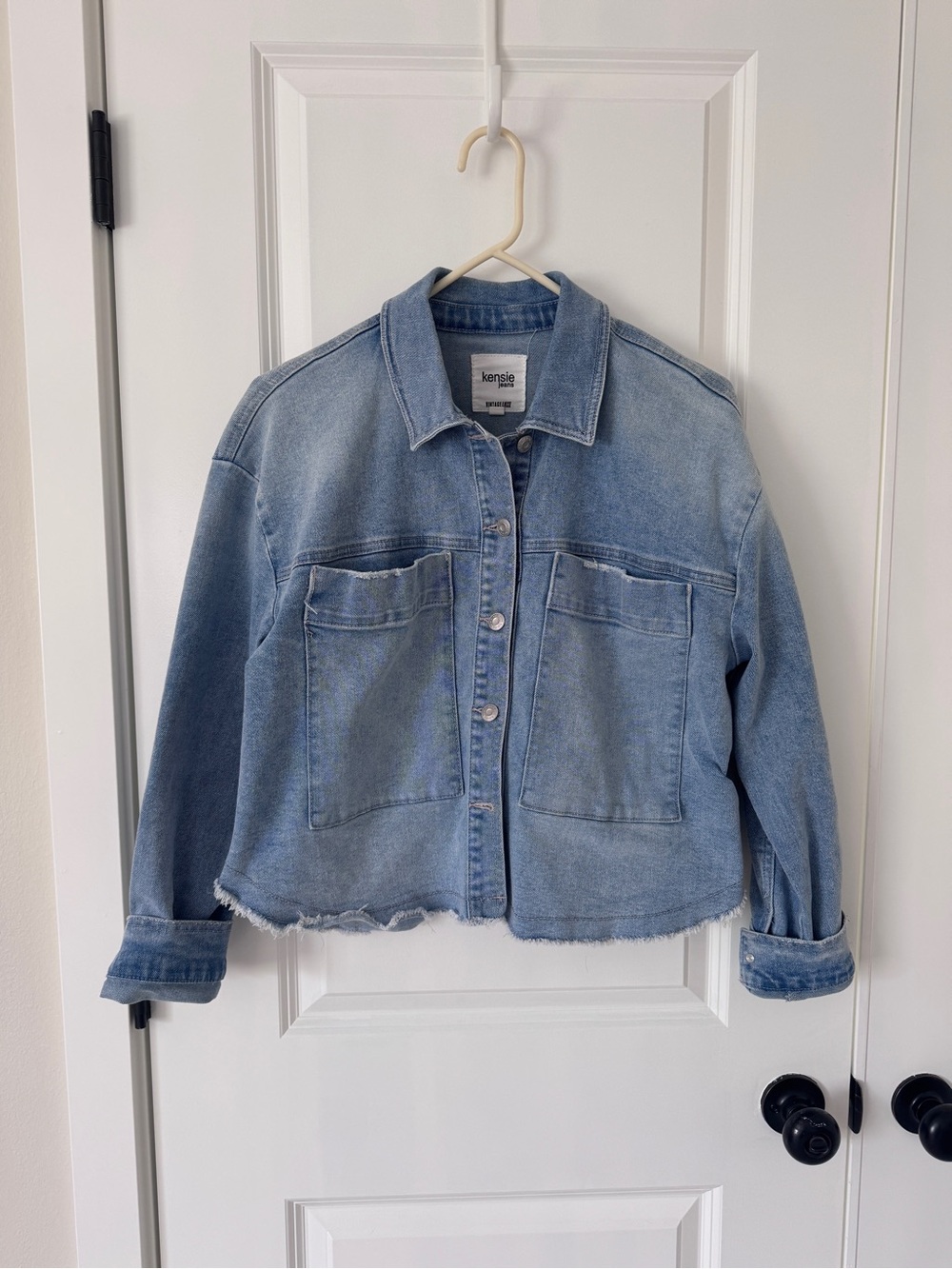 kensie Light Blue Boxy Cropped Denim Jacket